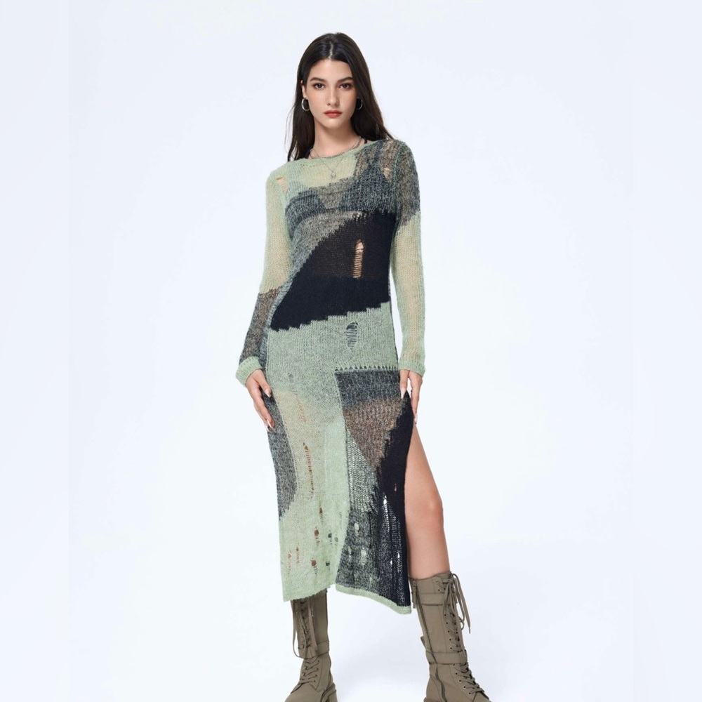 Patchwork Knit Ripped Midi Dress